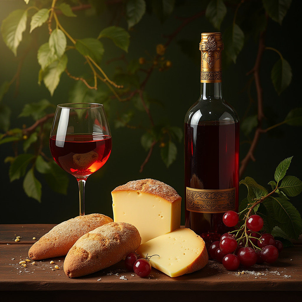 Opulent Still Life with Wine and Cheese