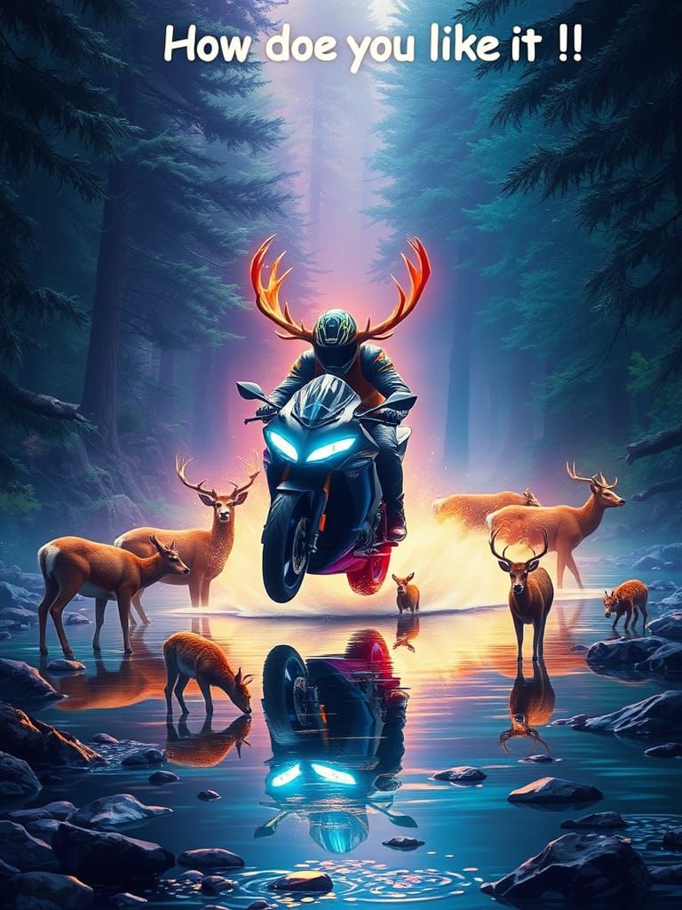 Neon Deer Motorcycle Jump in Forest Cove