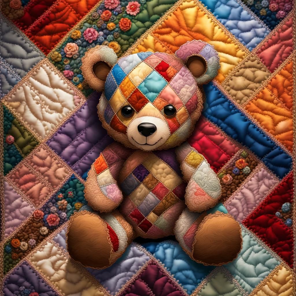 Quilted Teddy Bear on Crazy Quilt, Splash Art