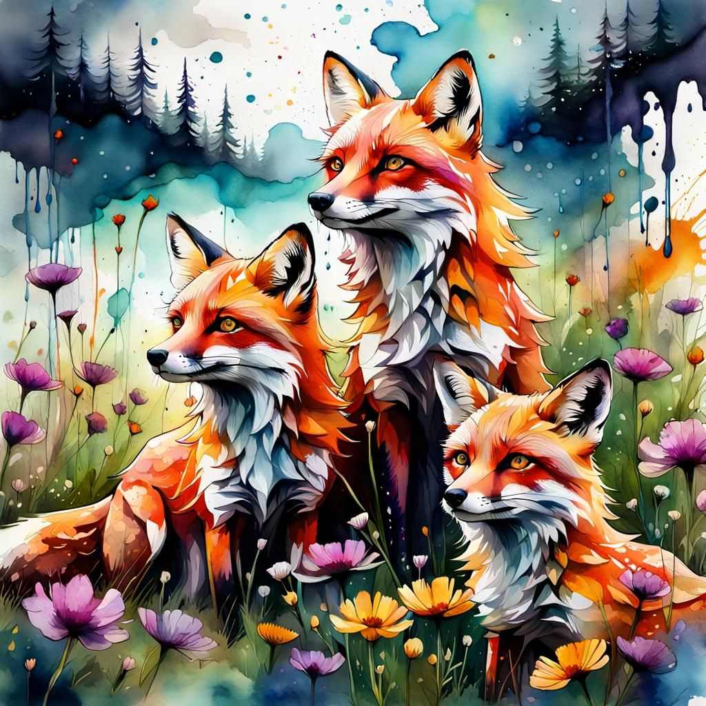 Fox Family in Wildflower Meadow, Watercolor Style