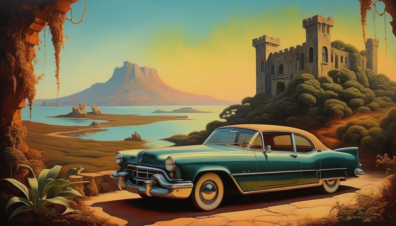 Overgrown Castle Ruin at Sunset with Steampunk Car