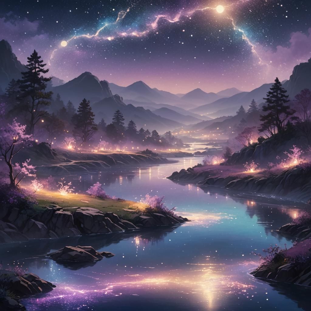 Serene Fantasy Landscape with Starry River in Mystical Style