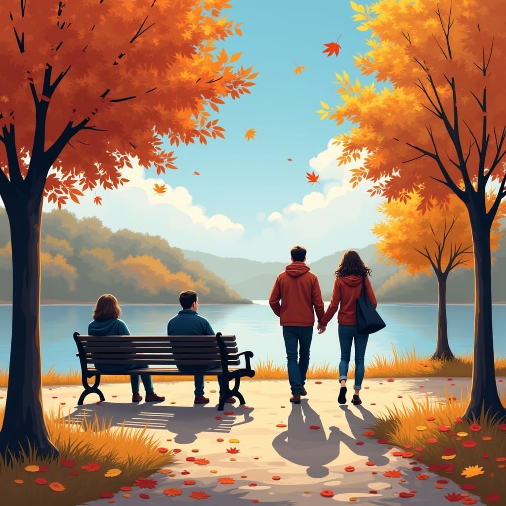Vibrant Autumn Park Scene With People Enjoying The Day
