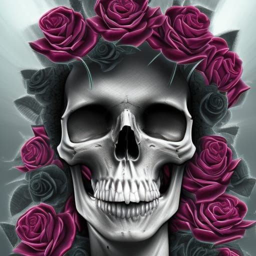 Detailed Digital Painting of Skull with Black Roses