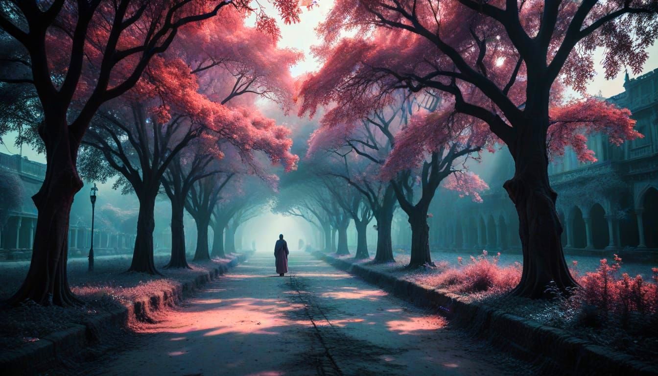 Medieval Dreamscape in Vibrant Infrared Hues