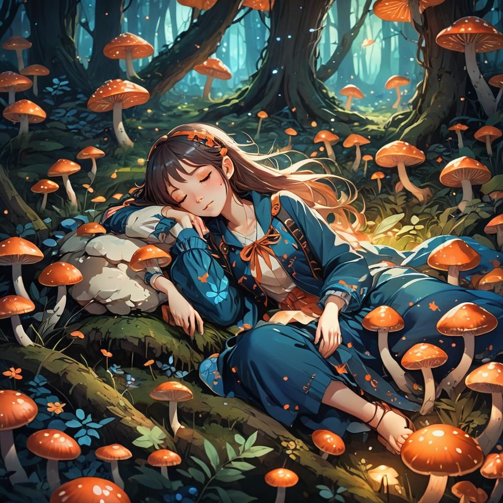 Anime Girl Sleeping in Enchanted Forest Concept Art