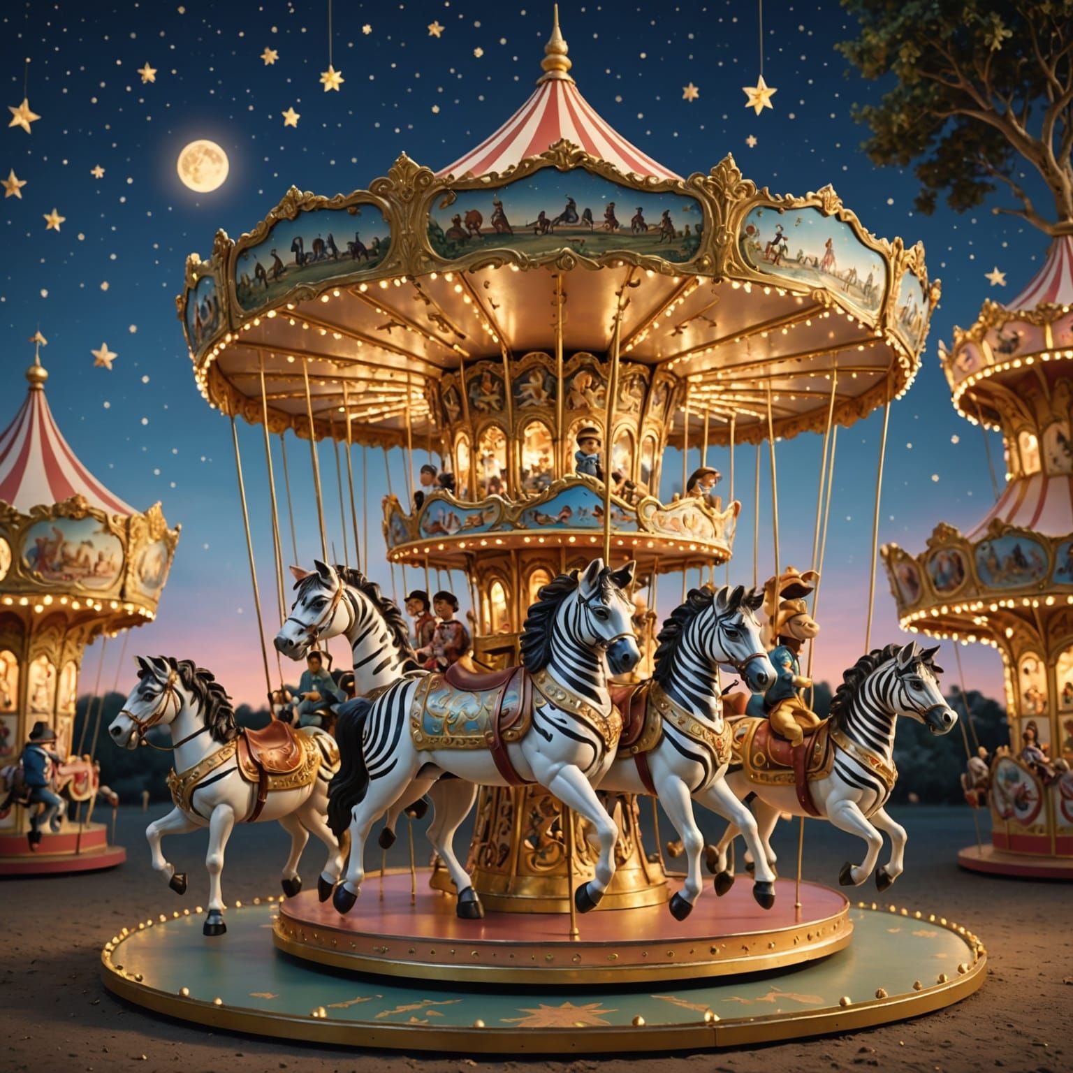 Whimsical Carousel With Children Riding Zebras and Elephants