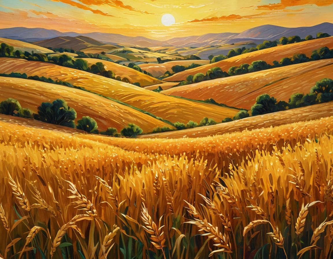 Golden Wheat Field at Sunrise in Expressionist Style