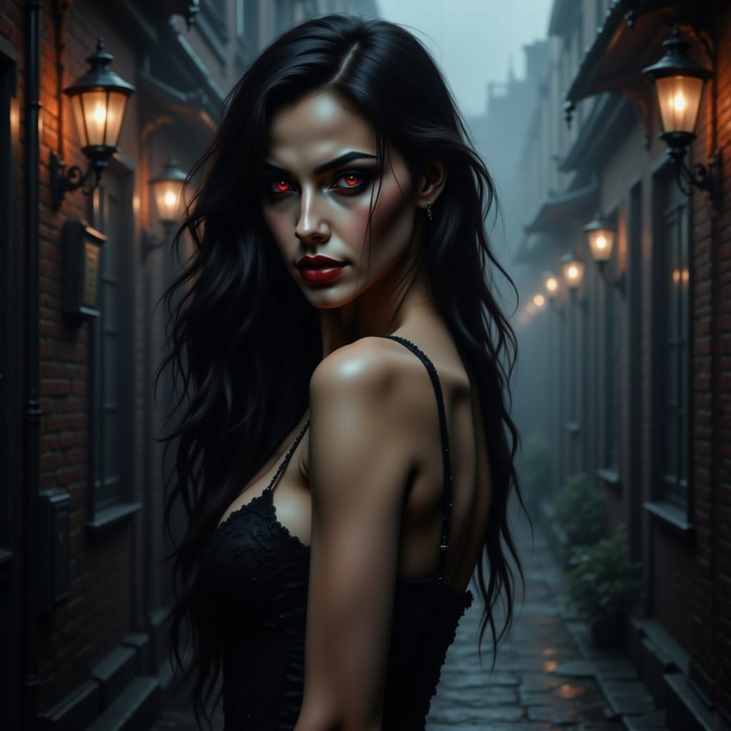 Gorgeous Vampire Woman in Foggy Alleyway