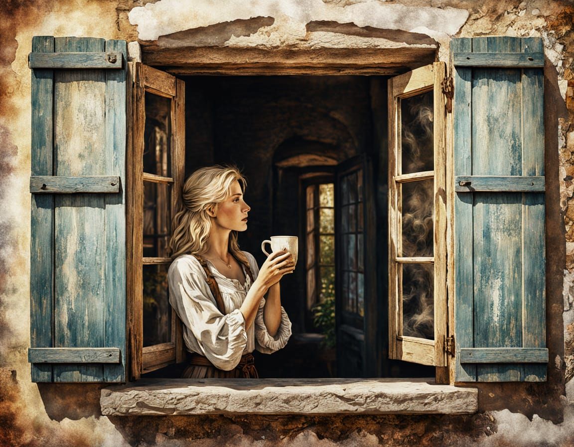 Woman Gazing from Rustic Window in Watercolor Style