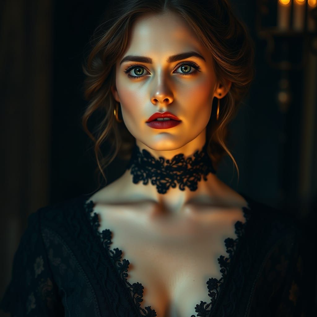 Elegant Woman in Velvet Choker, Victorian-Inspired Digital A...