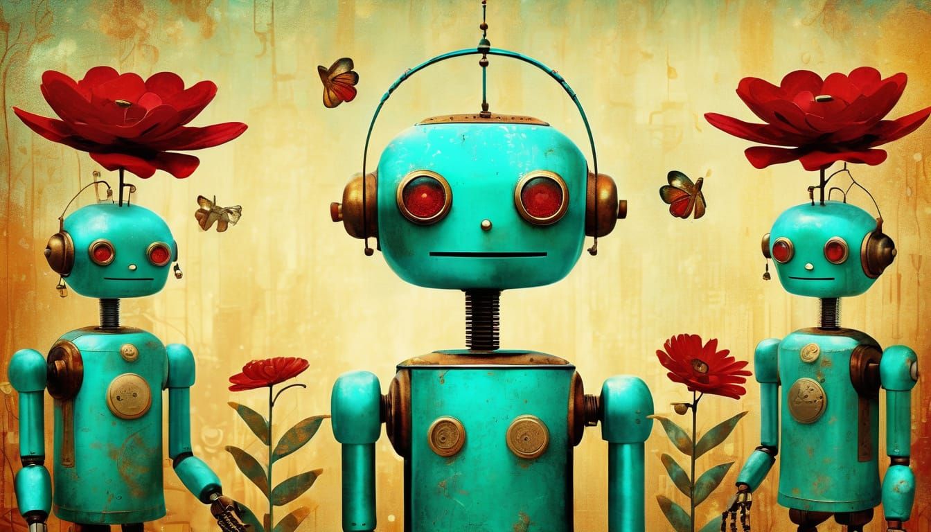 Android Robots Tend Mechanical Flowers: Impressionist Futuri...