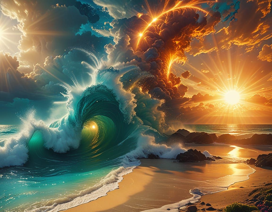 Magical Sun Burst Over Beach in Digital Painting