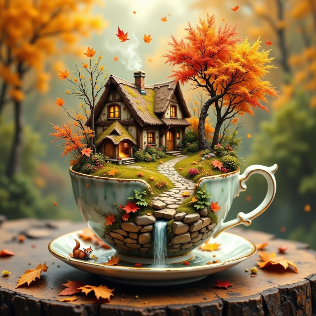 Miniature Autumn Village in a Teacup