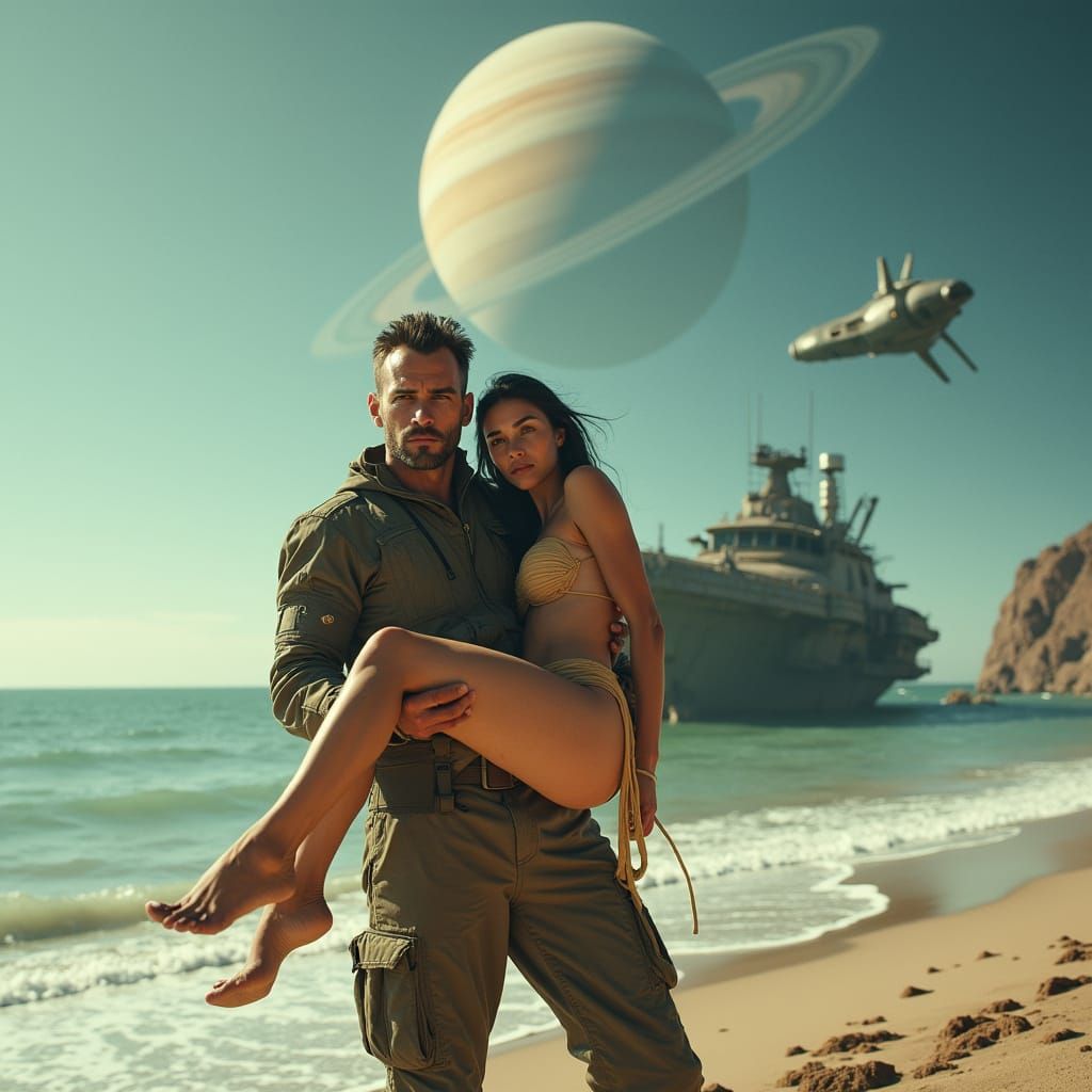 Futuristic Space Hero and Alien Love on Distant Planet