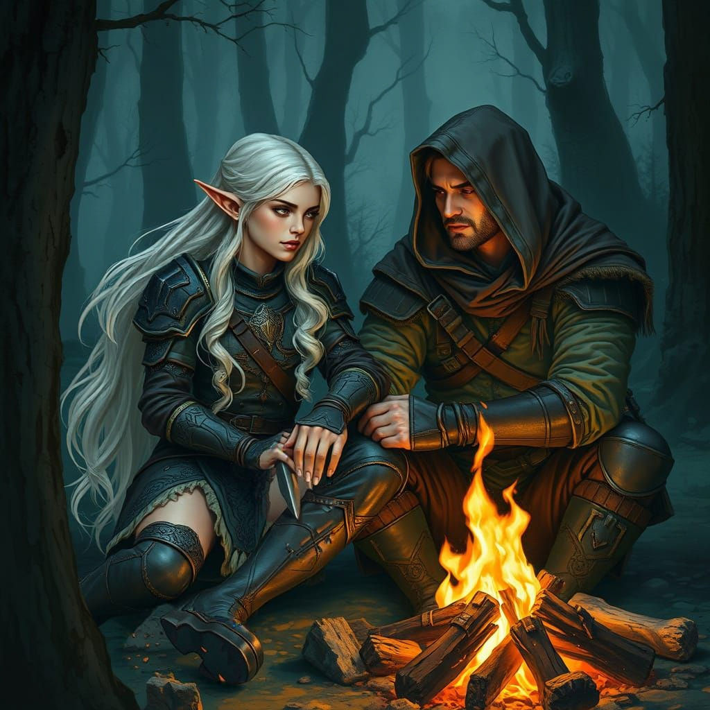 Elf and Rogue by Campfire in Dark Forest