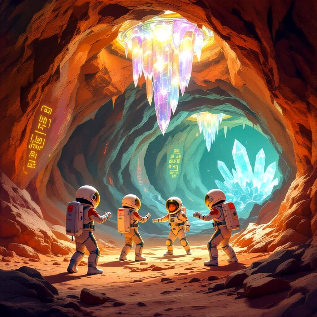 Children Play Zero-Gravity Tag in Glowing Martian Cavern