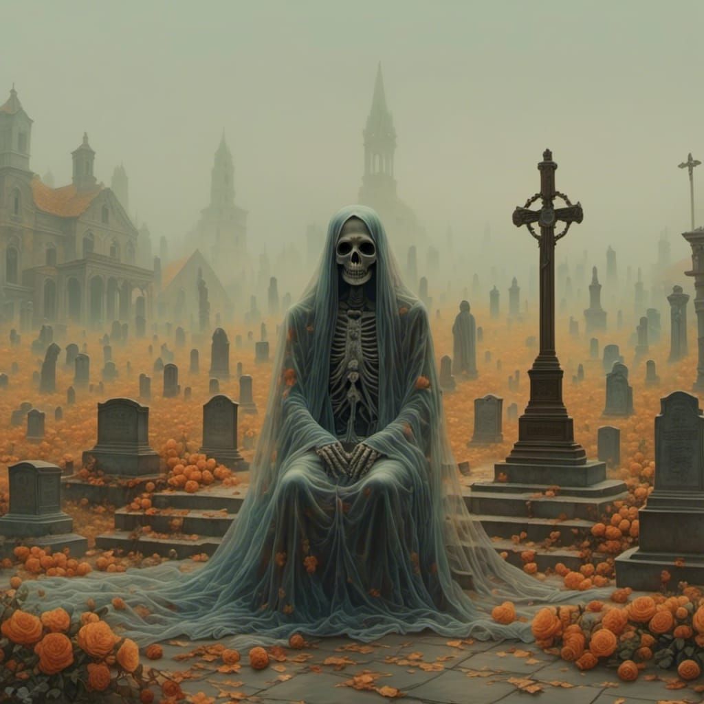 <lora:Ghostly:1.0> ostracized and meek sits background. Dia de los Muertos.