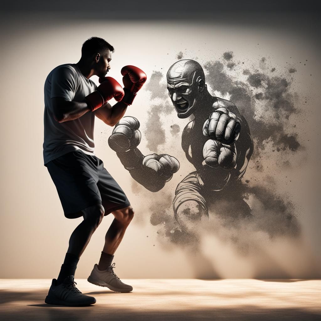 Man Boxing Shadow: Hyperdetailed Concept Art