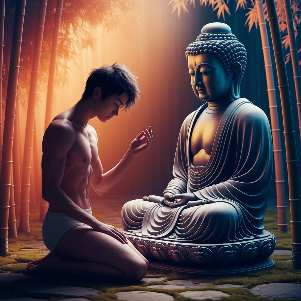 Man Kneeling Before Buddha in Bamboo Forest