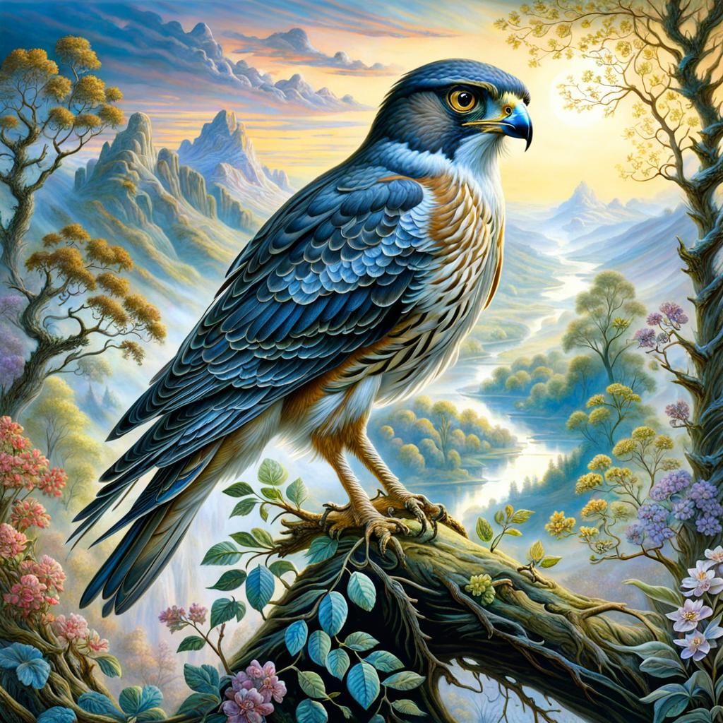 A sparrowhawk on a Branch in a Mystical Landscape