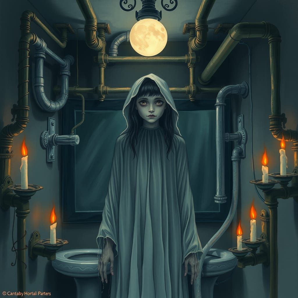Moaning Myrtle in Gothic Restroom, Dark Fantasy Art