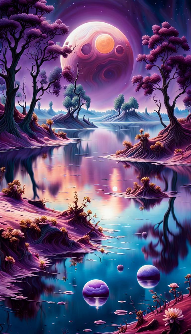 Surreal Alien Landscape with Purple Planet and Glowing Moons