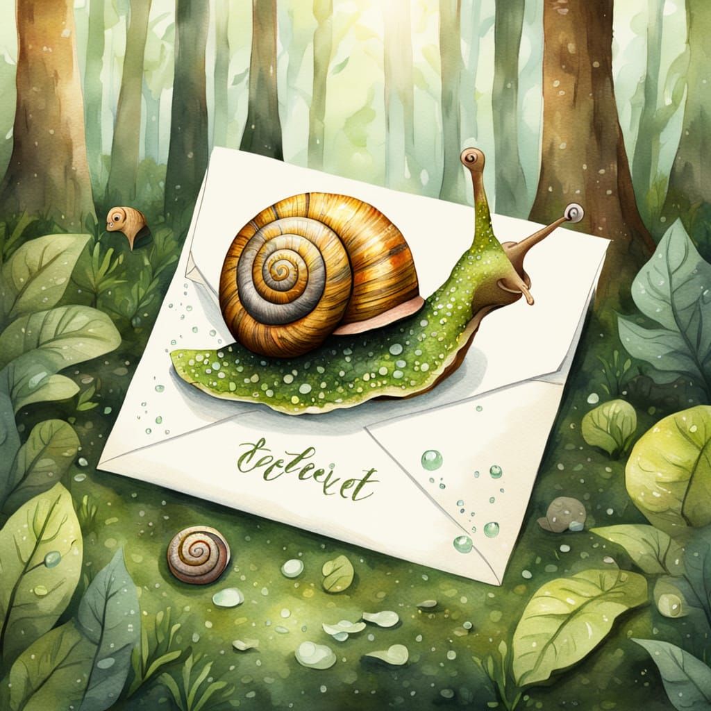 Whimsical Watercolor Snail Delivers Letter in Mossy Forest