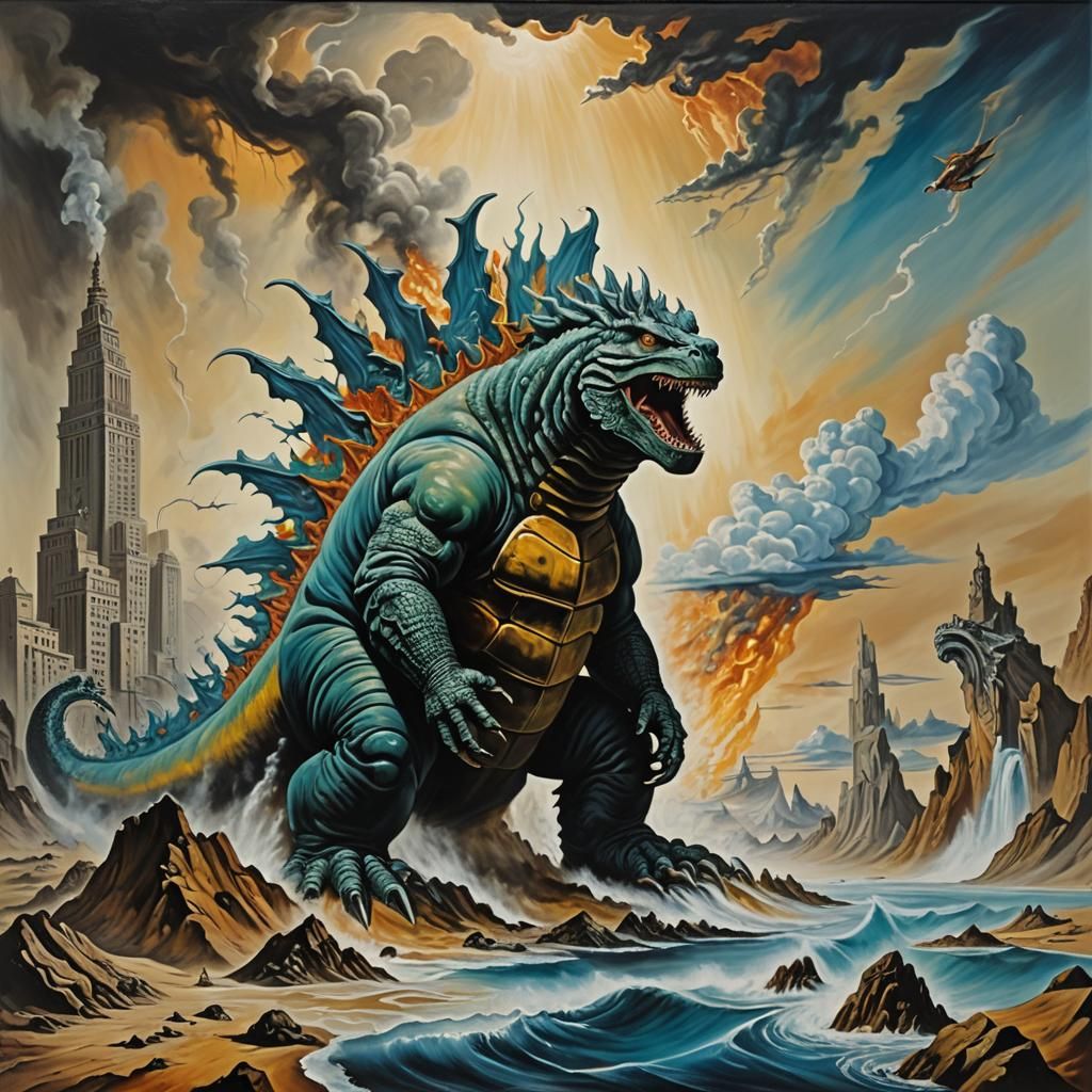 Surreal Godzilla Melts in a Dali Landscape