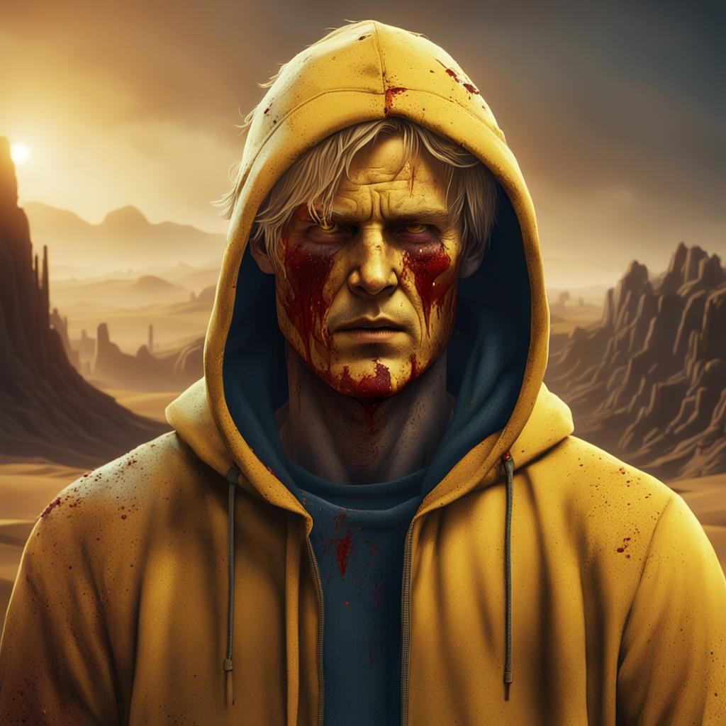 Tired Man with Bloody Face in Desert, Matte Painting