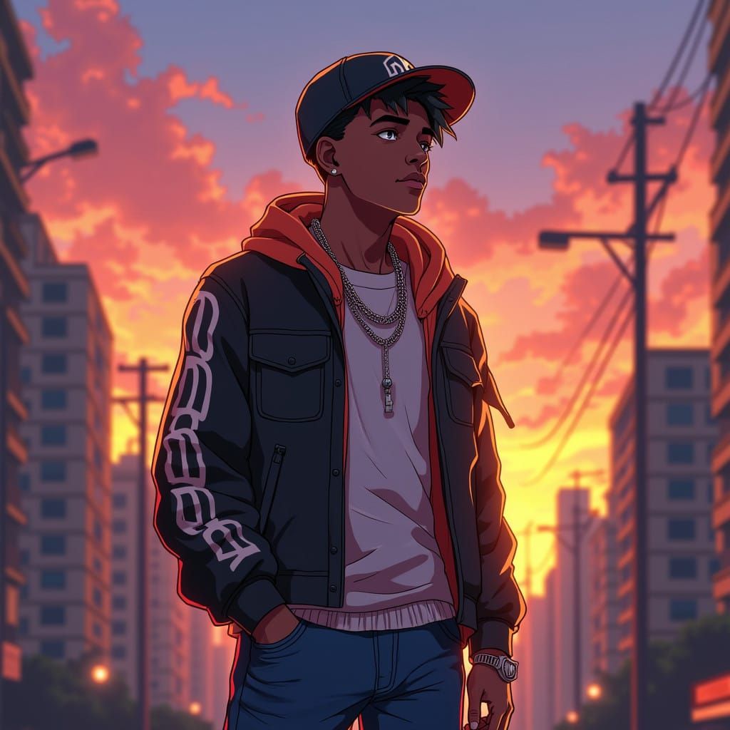 Young Rapper Dominates Cityscape in Vibrant Anime Style