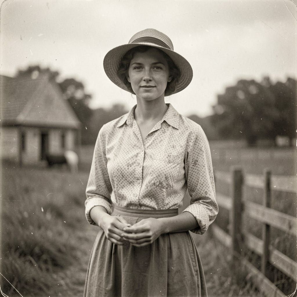 1940s Farm Life: Vintage Photo of Young Woman in Countryside