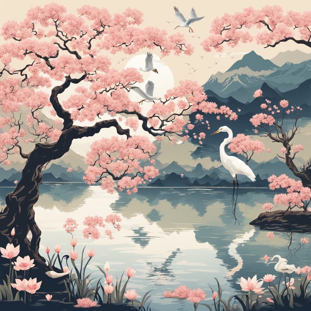 Ancient Sakura Tree in Serene Lake Landscape