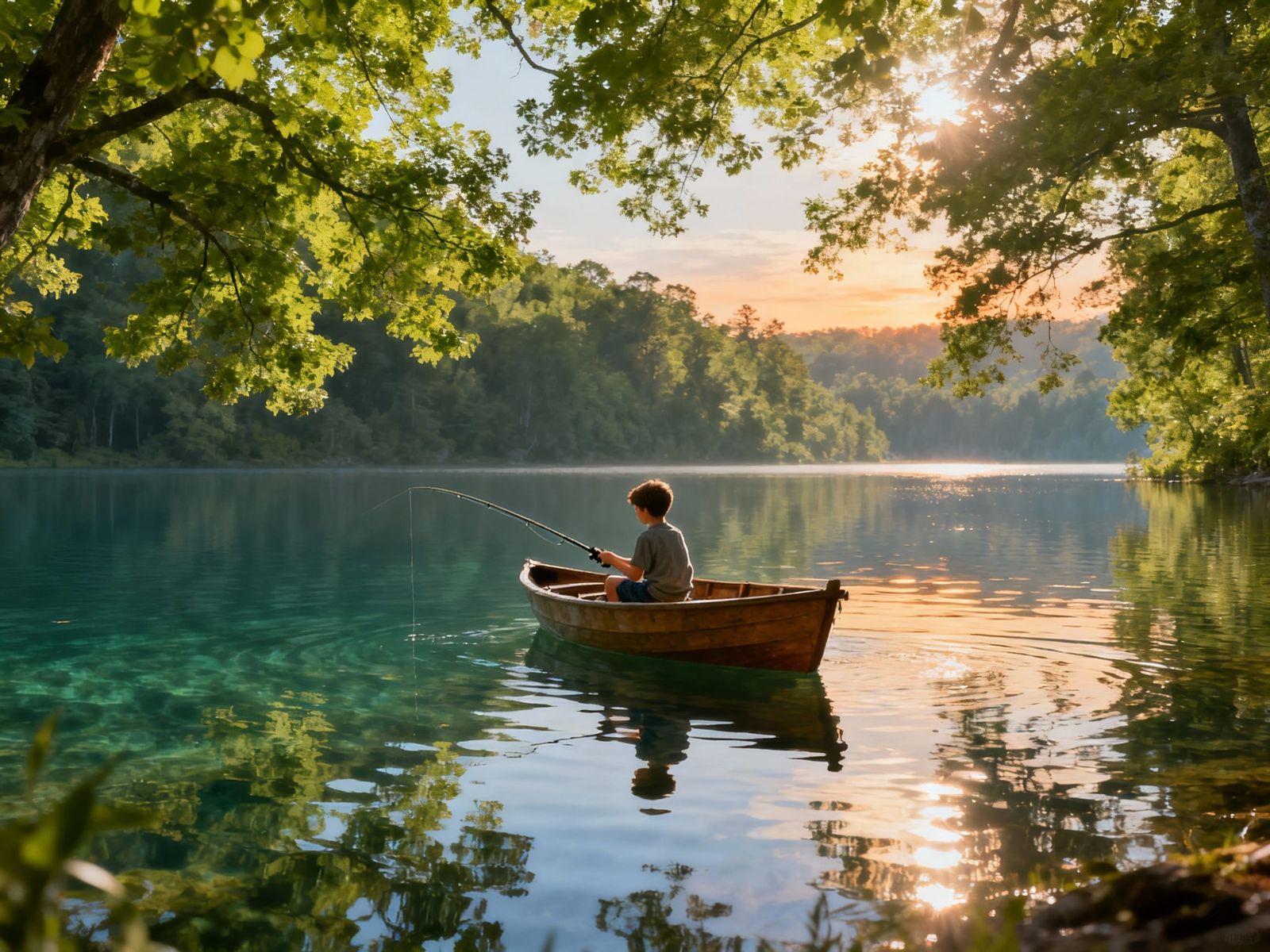 Boy Fishing on Serene Lake in Photorealistic Style
