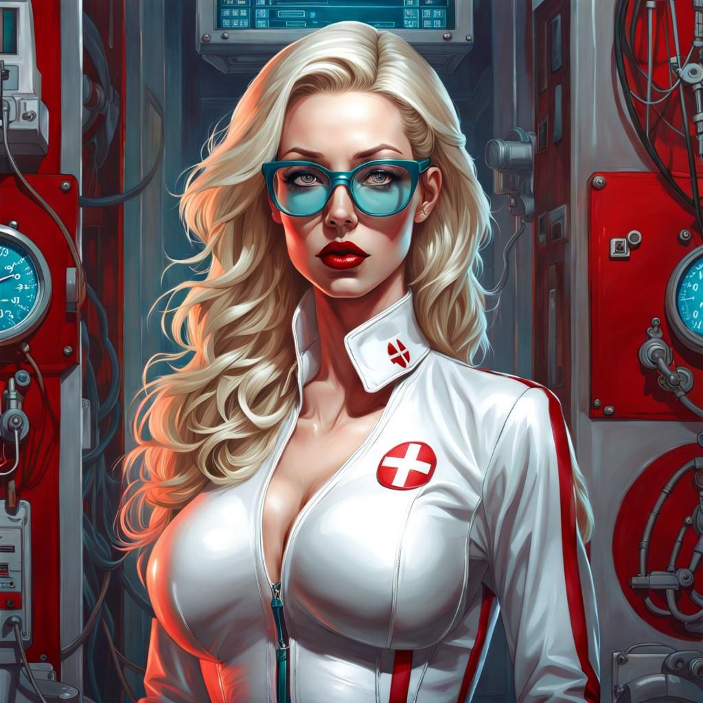 Demanding Blond Nurse in Latex Outfit, Gothic Art
