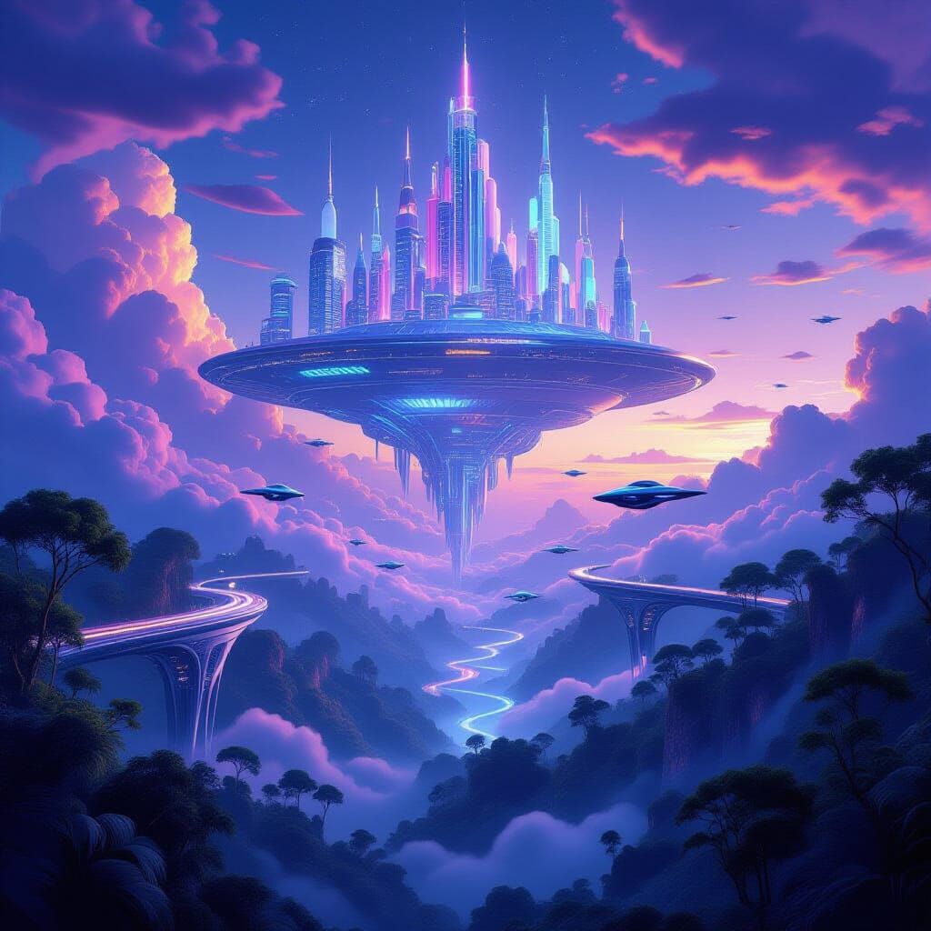 Futuristic Sky City Above Bioluminescent Rainforest
