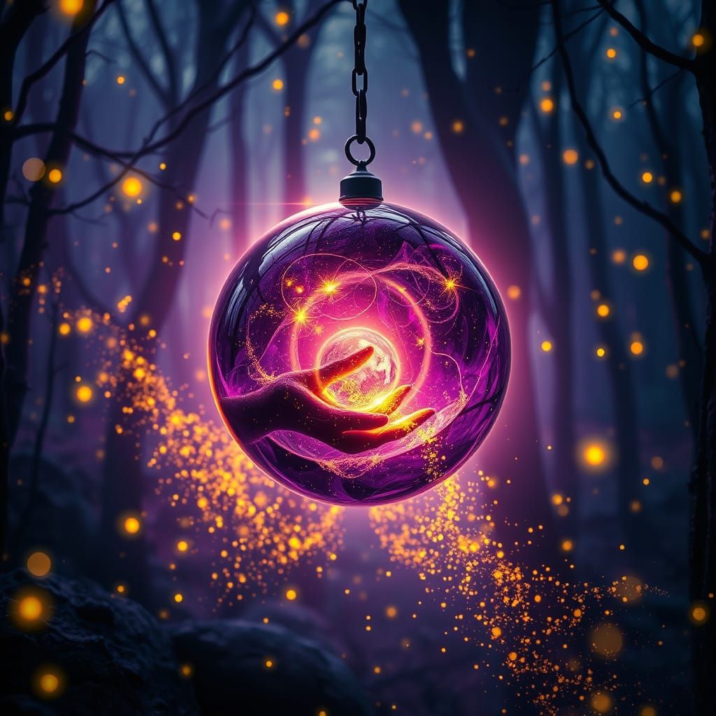 Surreal Obsidian Magic Ball in a Dreamlike Fantasy Landscape