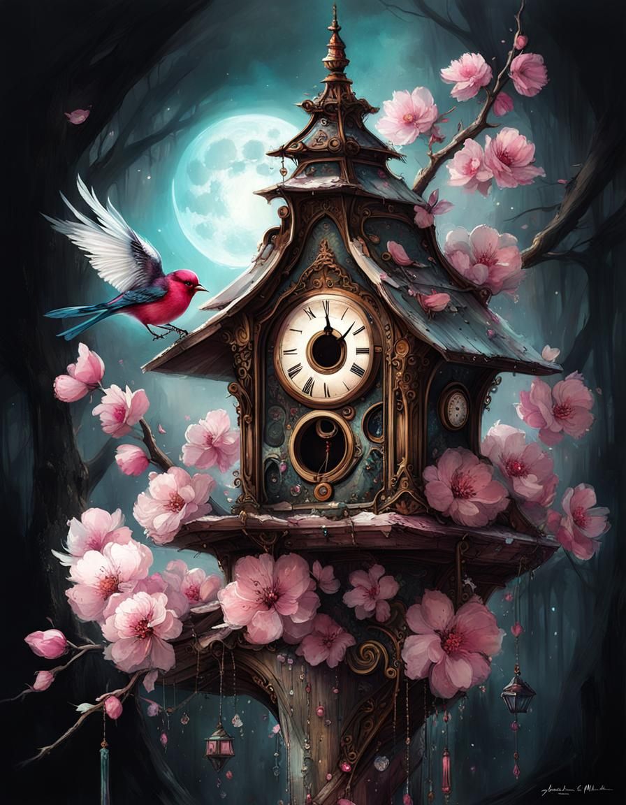 Magical Pink Birds in Clockpunk Birdhouse