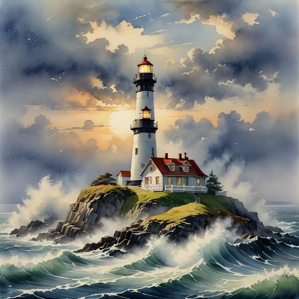 Lighthouse Shines Through Fog in Romantic Watercolor Style