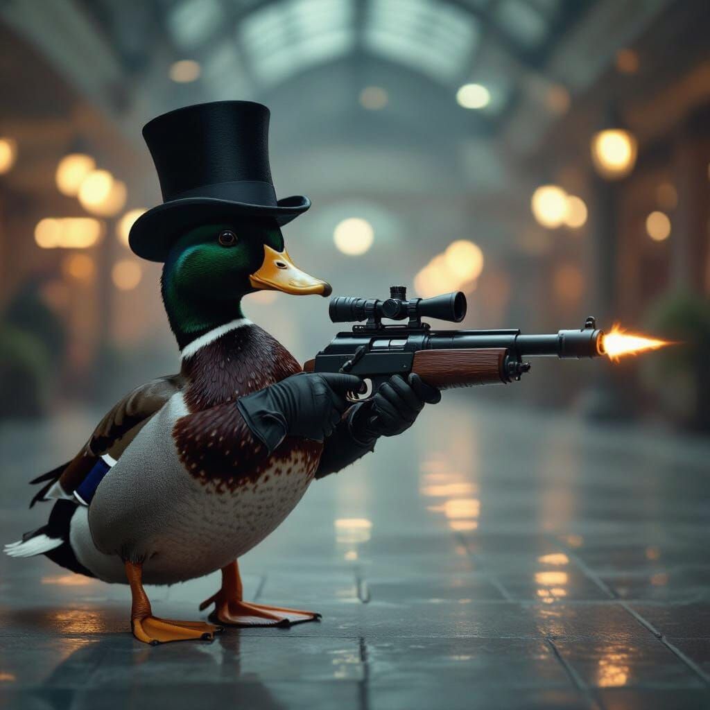 Mallard Duck Wields Rocket Launcher in Cinematic Style