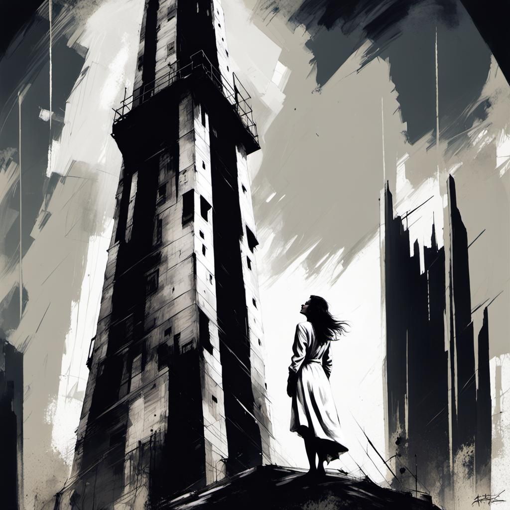 Mysterious Woman and Tower: Retrofuturist Constructivist Pos...