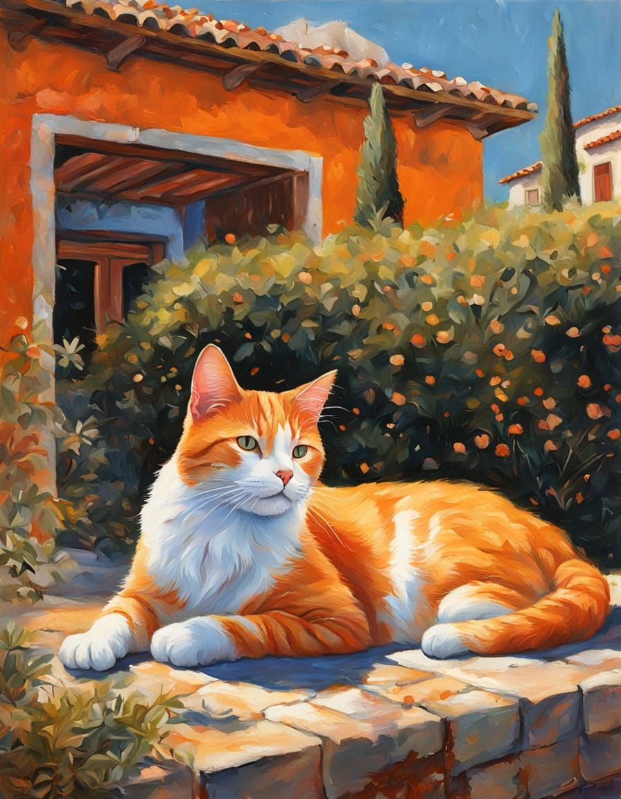 Cat in Mediterranean Yard as Oil Painting