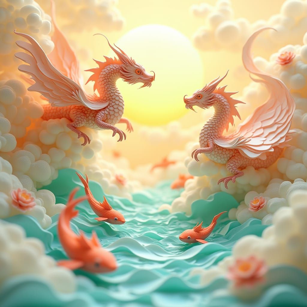 Paper Dragons Soar Above Serene Origami Pond