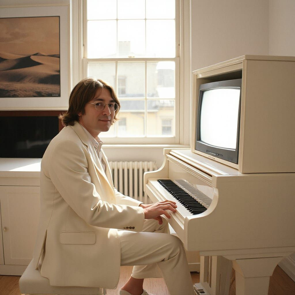 John Lennon Portrait Playing Piano in White Suit