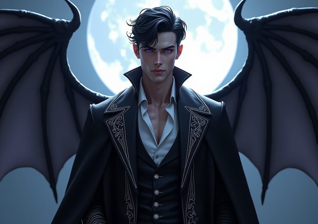 Winged Man with Violet Eyes in Concept Art Style