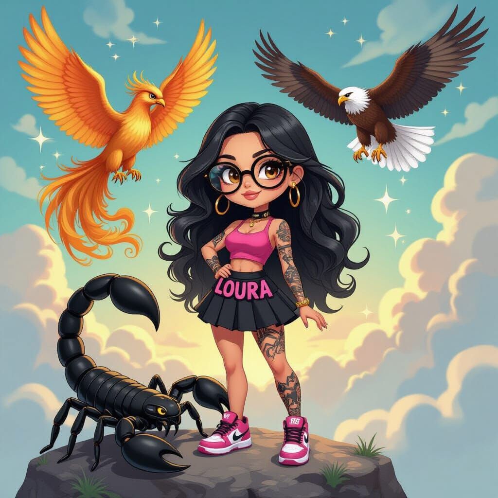 Chibi Woman with Phoenix and Scorpion, in 3D Rendered Style
