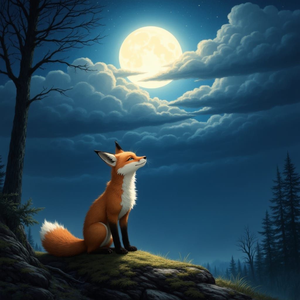 Mystical Fox Under Ethereal Moonlit Sky