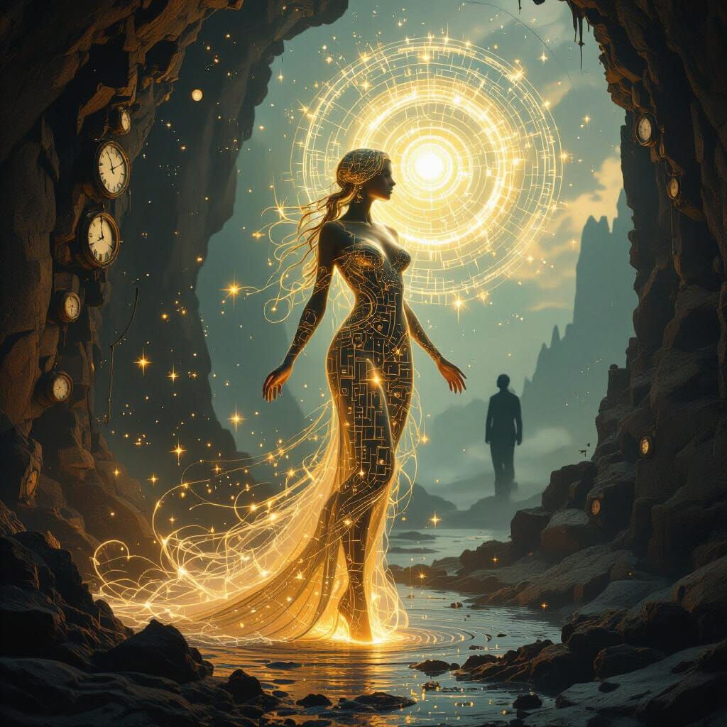 Luminous Woman Emerging from Digital Spiral