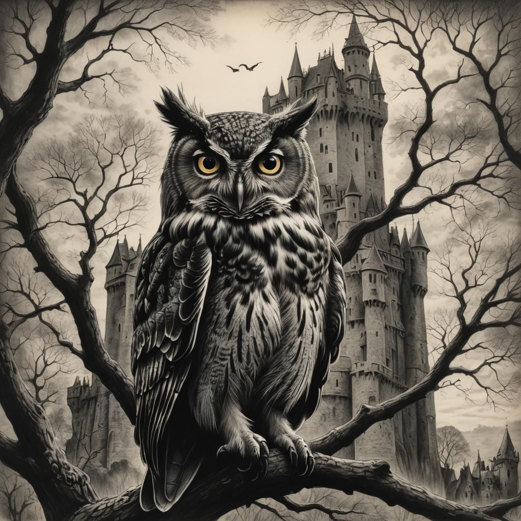Detailed Charcoal Owl Silhouette Overlooking Castle