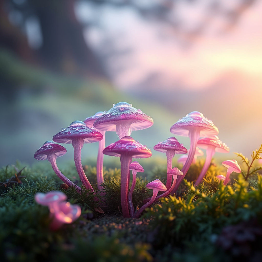 Iridescent Crystal Mushrooms in Emerald Forest